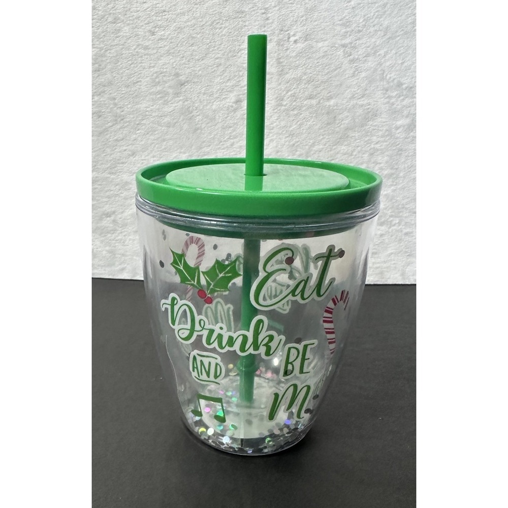 New Christmas Tumbler With Straw-Eat Drink And Be Merry Green 16oz Red